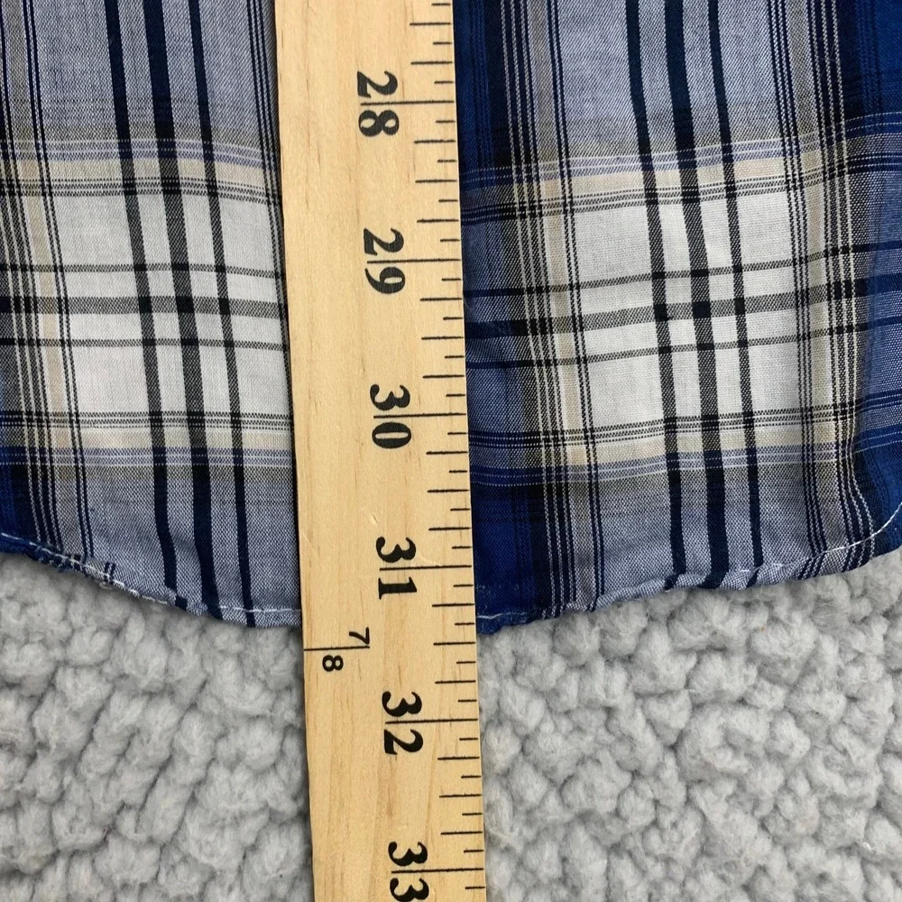 Plains Western Wear Shirt Mens M Blue‎ Plaid Pearl Snap Short Sleeve Yoke